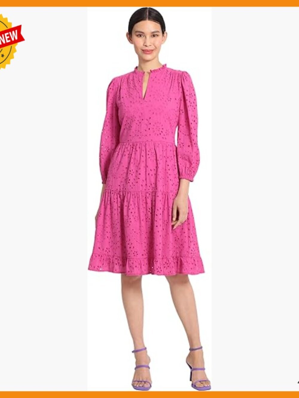 Eyelet Mini Dress with Tiered Skirt, Ruffle Neck, Puff Sleeves